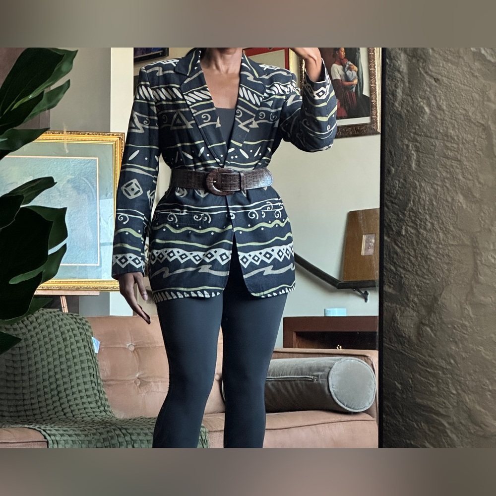 VTG Rafaella Linen Blend Blazer Vintage Tribal Print Jacket Button Size 10